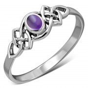 Amethyst Genuine Stone Cab Celtic Knot Silver Ring, r587